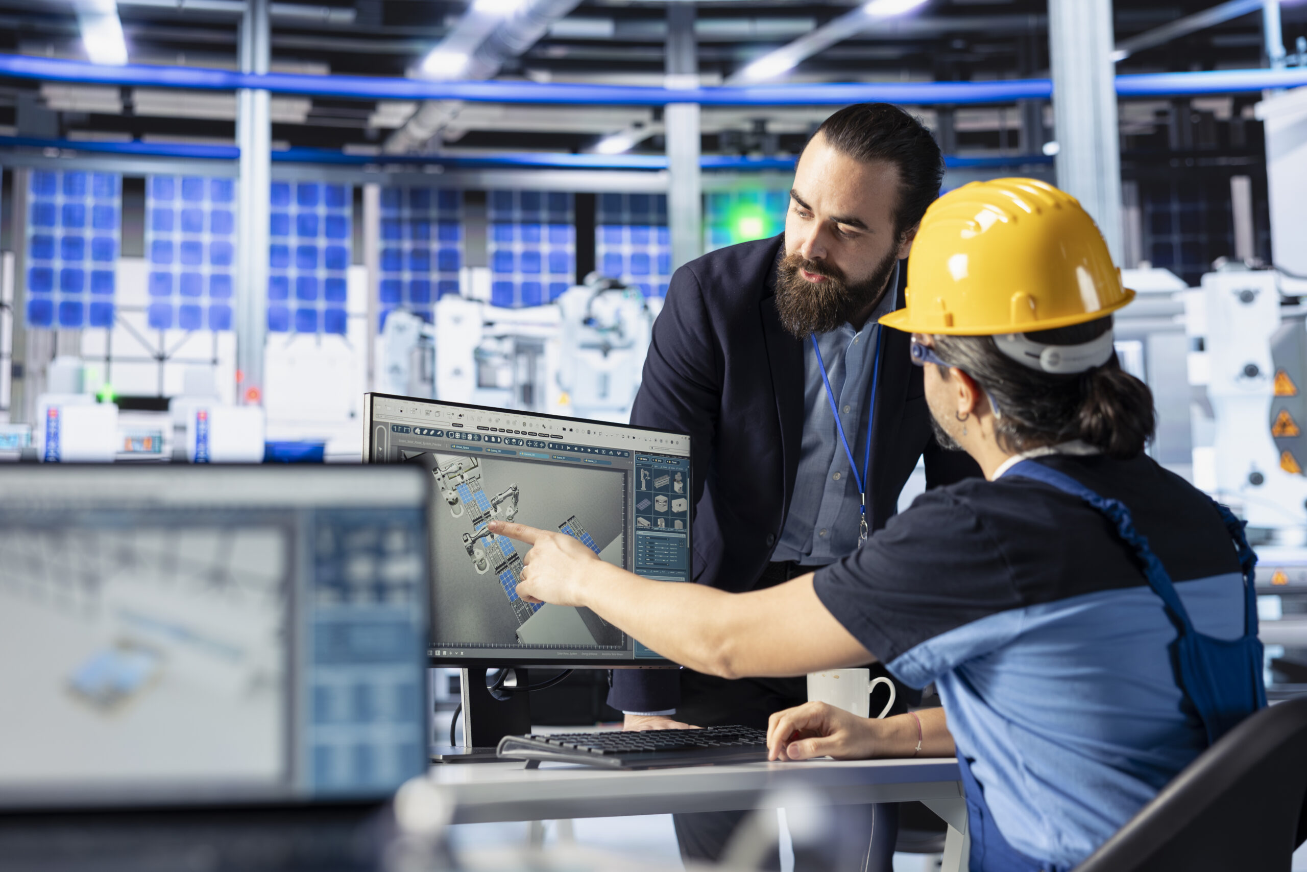 Solar panels plant employee presenting team leader manufacturing process Planta de producción de BioCloro